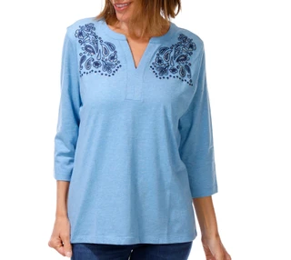 Thumbnail 1: Coral Bay Women's 3/4 Sleeve Embroidered Split-Neck Top 