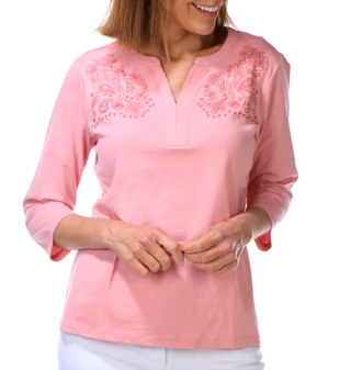 Thumbnail 1: Coral Bay Women's 3/4 Sleeve Embroidered Split-Neck Top 
