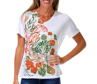 Thumbnail 1: Coral Bay Women's Short Sleeve V-Neck Seashell Reef Top 