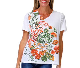 Thumbnail 1: Coral Bay Petite Short Sleeve V-Neck Seashell Reef Top 