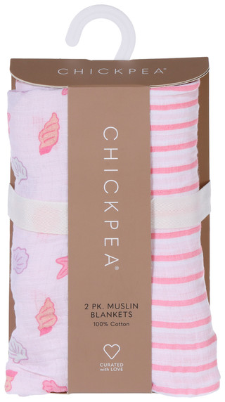 Thumbnail 1: Chick Pea 2-Pack Seashells Pink Muslin Blankets 