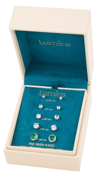 Thumbnail 1: Lumira 5 Pr Fine Silver Plated Stud Earrings in Gift Box 