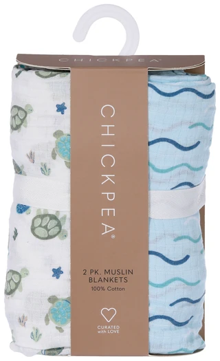 Thumbnail 1: Chick Pea 2-Pack Muslin Baby Blankets Blue Sealife 