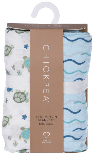 Thumbnail 1: Chick Pea 2-Pack Muslin Baby Blankets Blue Sealife 