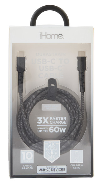 Thumbnail 1: Ihome 10 ft Nylon Braided USB-C to USB-C Cable Black 