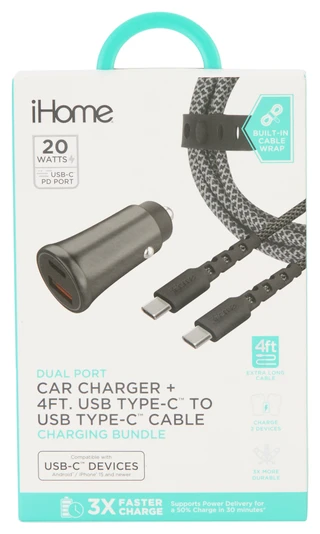 Thumbnail 1: Ihome 4ft USB-C to USB-C Cable and 20W Car Charger Set 