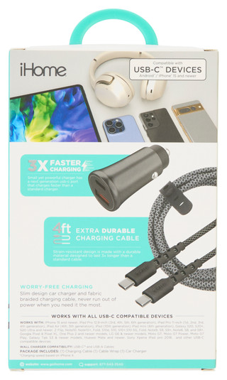 Thumbnail 2: Ihome 4ft USB-C to USB-C Cable and 20W Car Charger Set 
