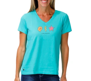 Thumbnail 1: Life is Good Women's Short Sleeve V-Neck Sea Animals Print Top 