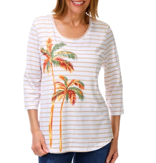 Thumbnail 1: Coral Bay Women's 3/4 Sleeve Stripe Palm Tree Top 