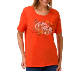 Thumbnail 1: Coral Bay Women's Short Sleeve Harvest Pumpkin Embellished Top 