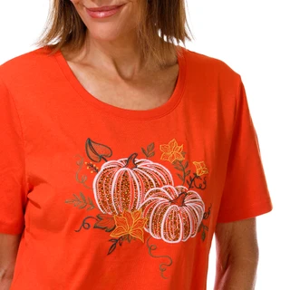Thumbnail 2: Coral Bay Women's Short Sleeve Harvest Pumpkin Embellished Top 