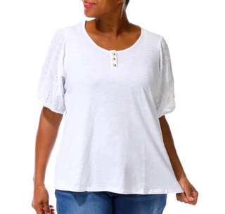 Thumbnail 1: Coral Bay Plus Short Sleeve Eyelet Henley Top 