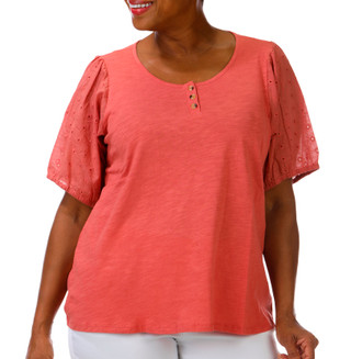 Thumbnail 1: Coral Bay Plus Short Sleeve Eyelet Henley Top 