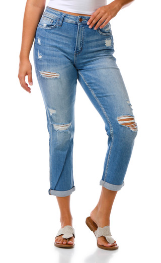 Thumbnail 1: Flying Monkey Juniors Roll Cuff Crop Straight Ripped Jeans 