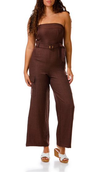 Thumbnail 1: INSPIRED HEARTS Juniors Strapless Tube Linen Belt Cargo Jumpsuit 