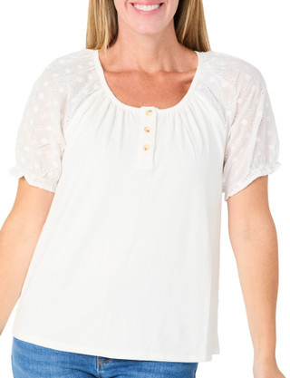 Thumbnail 1: BUNULU Women's Eyelet Puff Sleeve Henley Top 