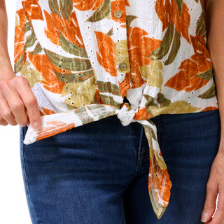 Thumbnail 2: Hearts of Palm Womens Short Sleeve Eyelet Button Down Tie Front Top 