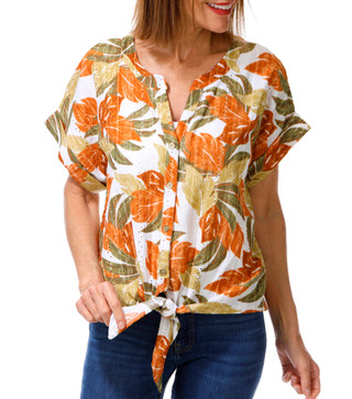 Thumbnail 1: Hearts of Palm Womens Short Sleeve Eyelet Button Down Tie Front Top 