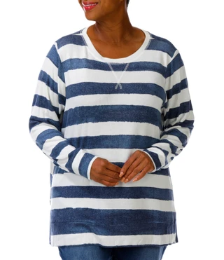 Thumbnail 4: BOBEAU Plus Long Sleeve Striped Tunic Sweater Top 