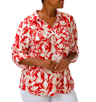 Thumbnail 4: Coral Bay Plus 3/4 Roll Tab Sleeve Floral Top 