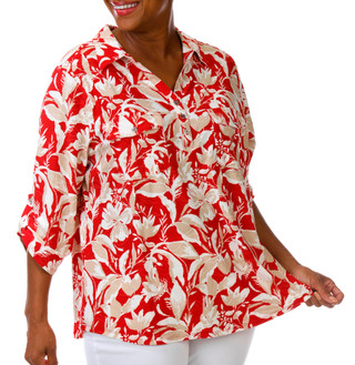 Thumbnail 1: Coral Bay Plus 3/4 Roll Tab Sleeve Floral Top 
