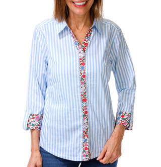 Thumbnail 1: Coral Bay Womens 3/4 Sleeve Floral Striped Button Down Top 