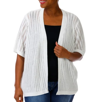 Thumbnail 4: Cyrus Plus Short Sleeve Open Stitch Solid Cardigan 