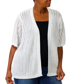 Thumbnail 1: Cyrus Plus Short Sleeve Open Stitch Solid Cardigan 