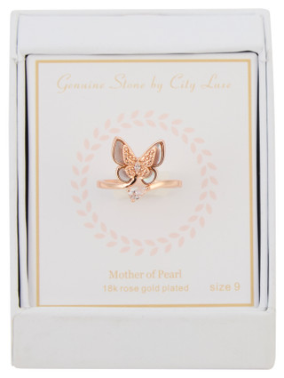 Thumbnail 1: City by City Rose Gold Plated Mother of Pearl Butterfly Ring 