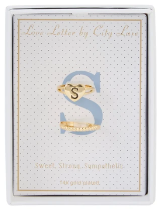 Thumbnail 1: City by City 2 Pc Gold Plated S Initial Heart Ring Set 