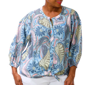 Thumbnail 1: Zac & Rachel Plus 3/4 Sleeve Paisley Button Down Tie Front Top 