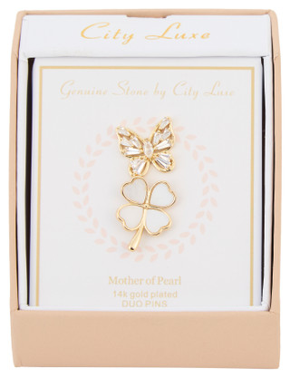 Thumbnail 1: City by City 2 Pc Gold Plated Mother of Pearl Butterfly Clover Pin Set 