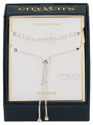 Thumbnail 1: City by City 3 Pc Silver Plated Cross Bracelet Earring Set 