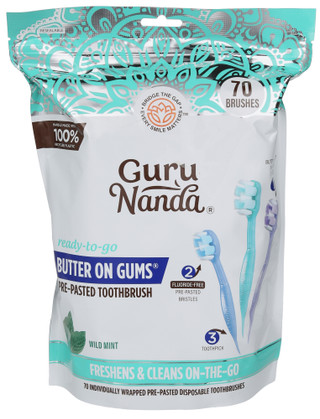 Thumbnail 1: Guru Nanda 70 Pk On-the-Go Butter on Gums Mint Pre-Pasted Toothbrushes 