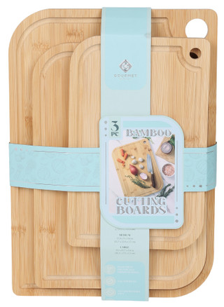 Thumbnail 1: GOURMET KITCHEN 3 Pc Bamboo Cutting Board Set with Hanging Loop 