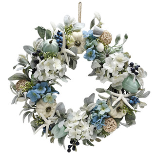 Thumbnail 1: PD HOME 22" Blue & White Hydrangea Coastal Harvest Wreath 