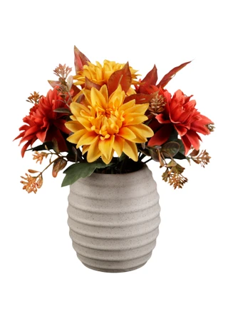 Thumbnail 1: FLORA BUNDA 10.5" Dahlia Arrangement in Tan Ribbed Ceramic Pot 