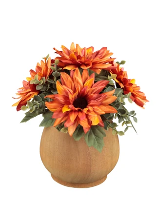 Thumbnail 1: FLORA BUNDA 10" Orange & Yellow Chrysanthemum & Eucalyptus in Wood Pot 