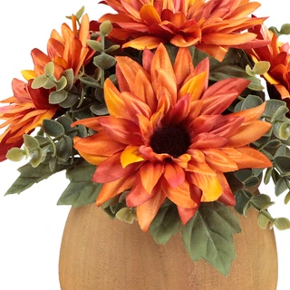Thumbnail 2: FLORA BUNDA 10" Orange & Yellow Chrysanthemum & Eucalyptus in Wood Pot 