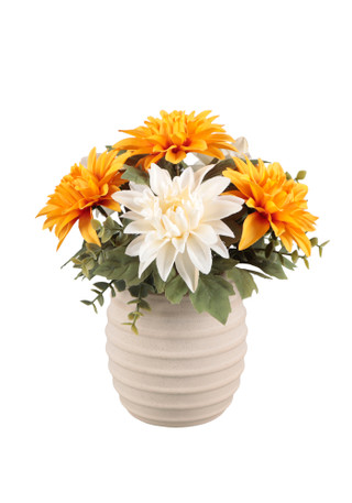 Thumbnail 1: FLORA BUNDA 11.5" Yellow & White Dahlia Arrangement in Beige Pot  