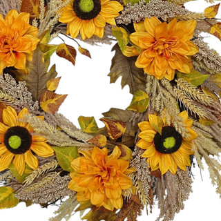 Thumbnail 3: Brighten the Season 24" Sunflower, Dahlia & Wheat Spiral Vine Wreath 