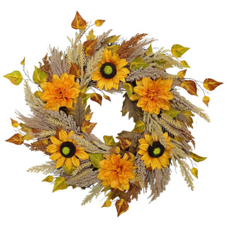 Thumbnail 1: Brighten the Season 24" Sunflower, Dahlia & Wheat Spiral Vine Wreath 