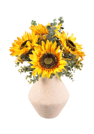 Thumbnail 1: FLORA BUNDA 18.5" Artificial Sunflowers in Sand Ceramic Rhomboid Vase 