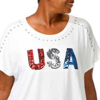 Thumbnail 2: Rio & Rein Plus Short Sleeve Star Neckline USA Sequin Tee 