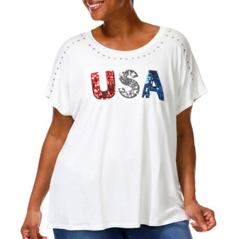 Thumbnail 1: Rio & Rein Plus Short Sleeve Star Neckline USA Sequin Tee 