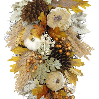 Thumbnail 3: Brighten the Season 24" White Pumpkin, Velvet Pumpkin & Pinecone Teardrop Swag 