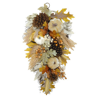 Thumbnail 1: Brighten the Season 24" White Pumpkin, Velvet Pumpkin & Pinecone Teardrop Swag 