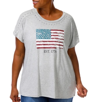 Thumbnail 1: Rio & Rein Plus Short Sleeve Shoulder Star Stud Flag Tee 