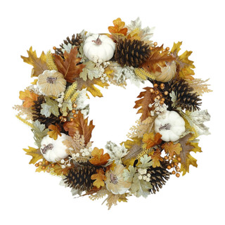 Thumbnail 1: Brighten the Season 24" White Pumpkin Velvet Pumpkin & Pinecone Grapevine Wreath 