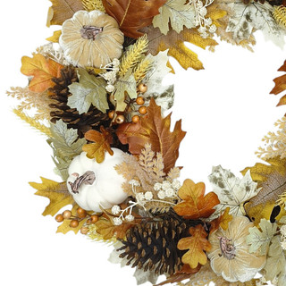 Thumbnail 2: Brighten the Season 24" White Pumpkin Velvet Pumpkin & Pinecone Grapevine Wreath 